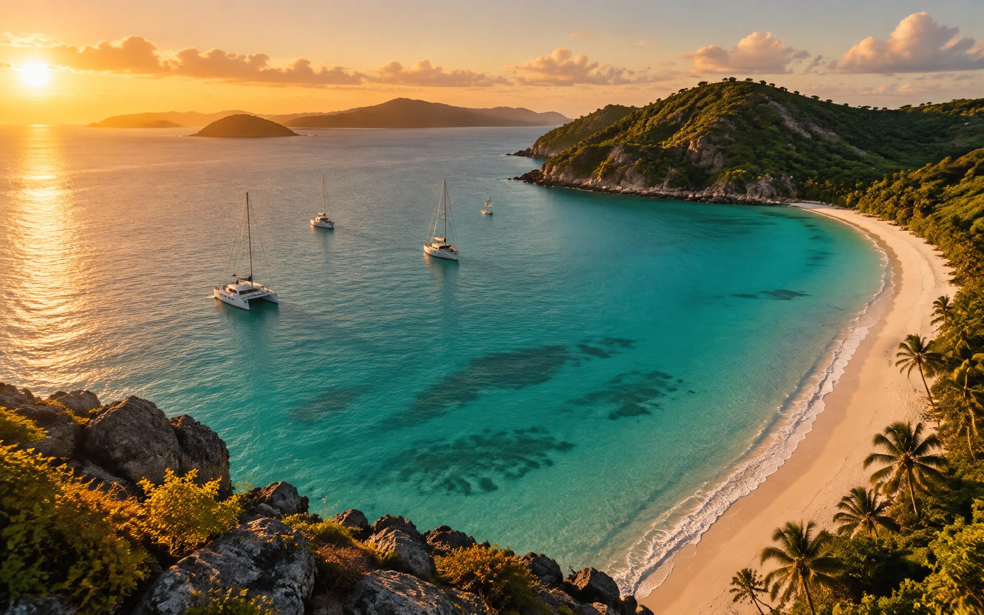 Representative travel photograph of a turquoise coastline with sailboats at sunset