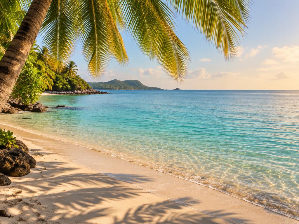 Representative travel photograph of a palm-lined tropical beach with clear water