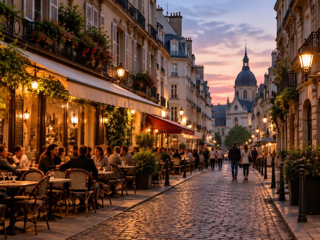 Representative travel photograph of a lamplit city street with sidewalk cafés at dusk