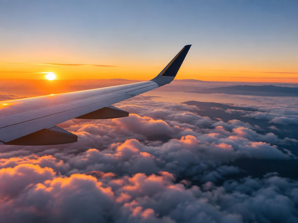 Representative travel photograph of an airplane wing above clouds at sunrise