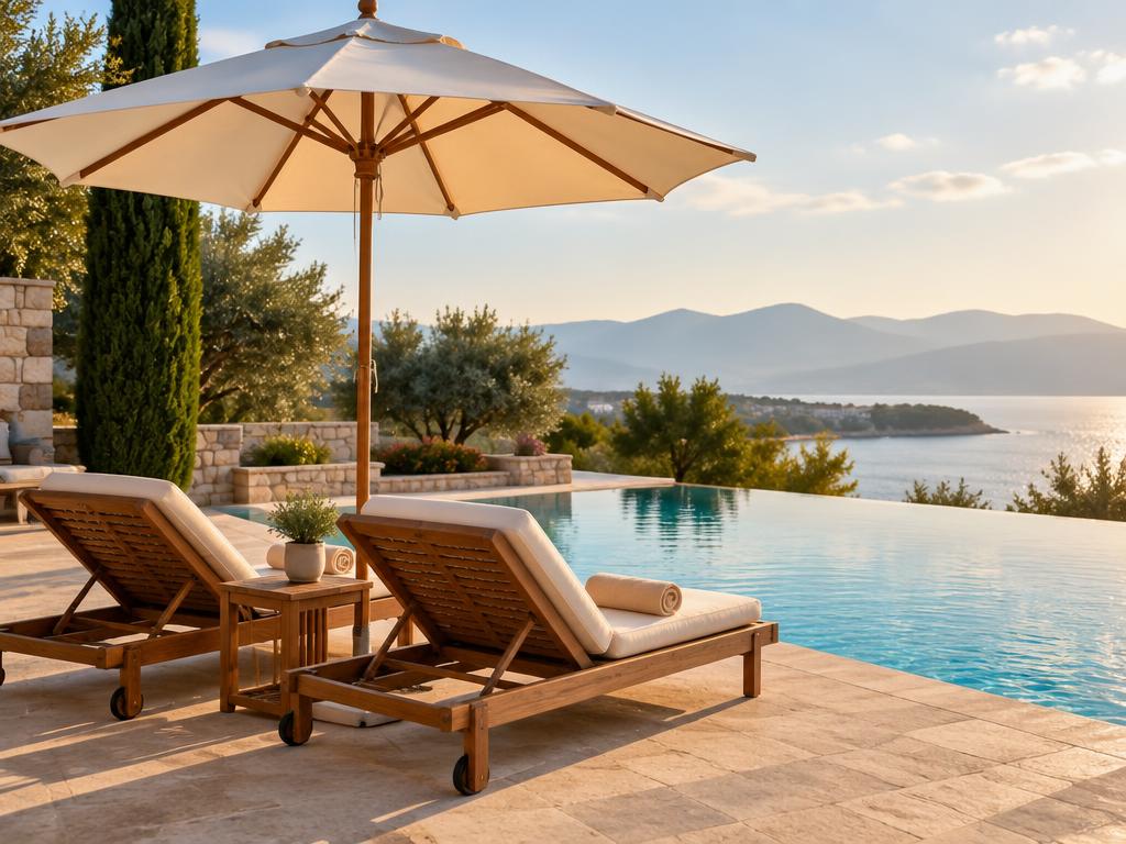 Representative travel photograph of two lounge chairs beside a quiet resort pool