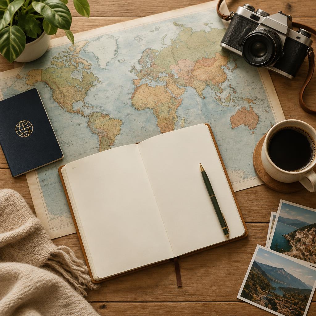 Representative photograph of a trip-planning desk with a notebook, world map, passport and camera